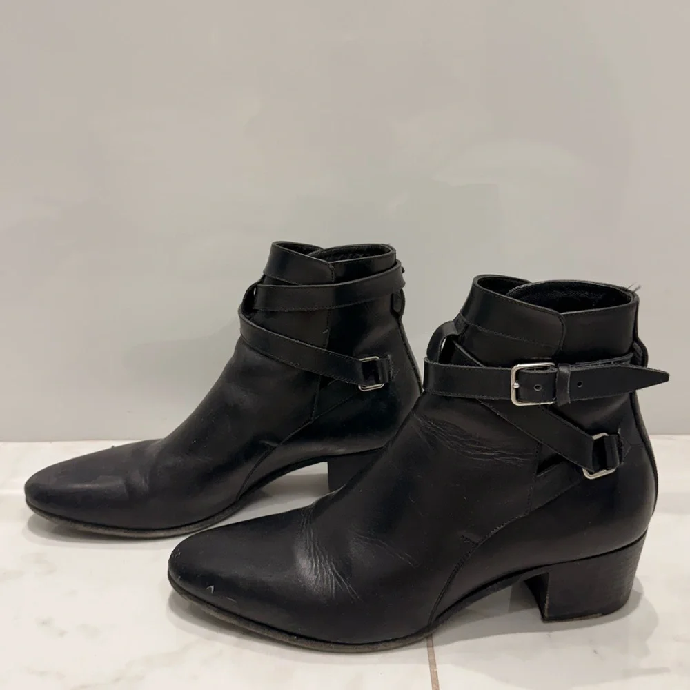 Saint Laurent Black Leather Ankle Booties with Buckle Straps - Picture 6 of 12